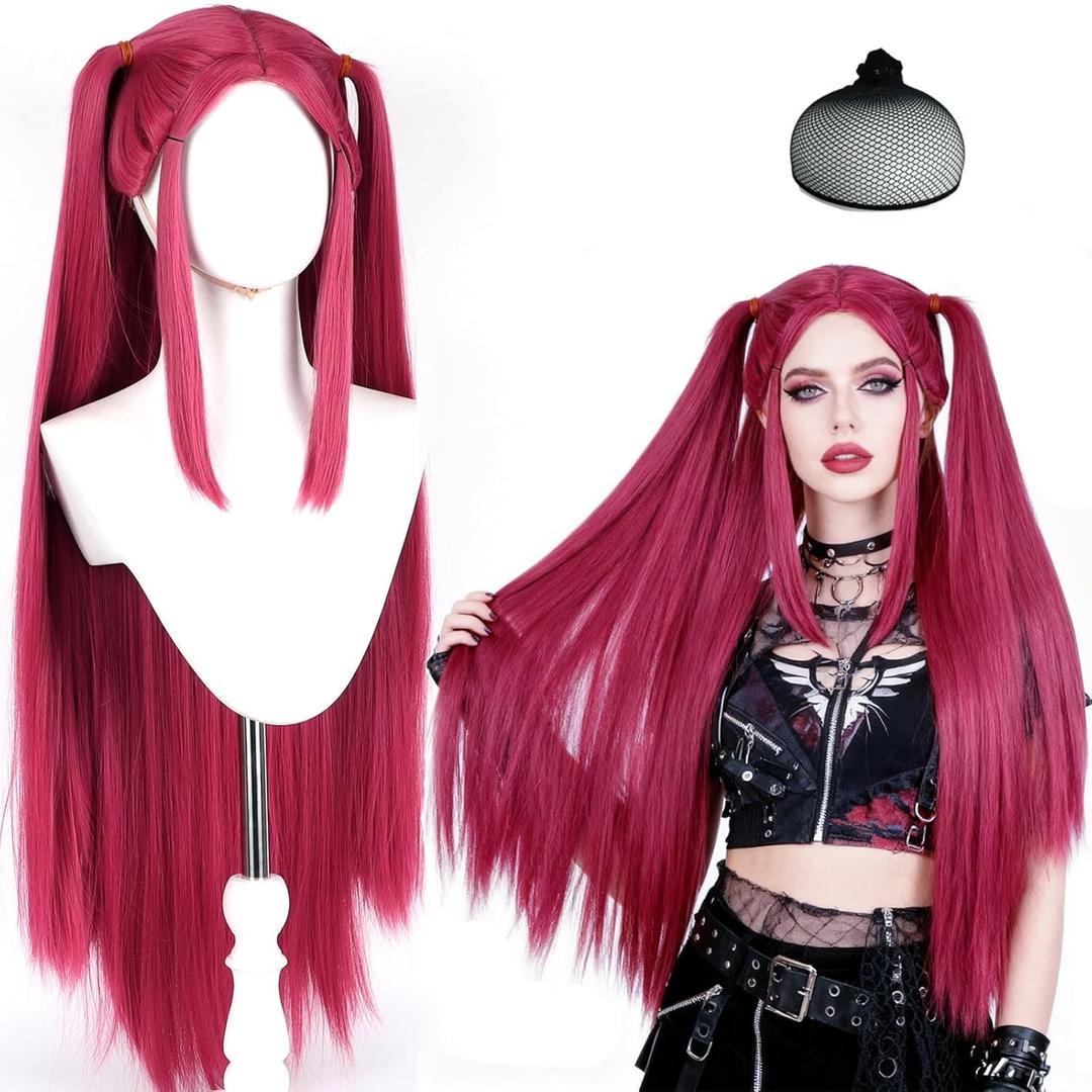 Long Straight Hot Pink Cosplay Wig with 2 Ponytails - Synthetic Anime Red Wigs for Halloween, Carnival, Costume Parties, Women Adults