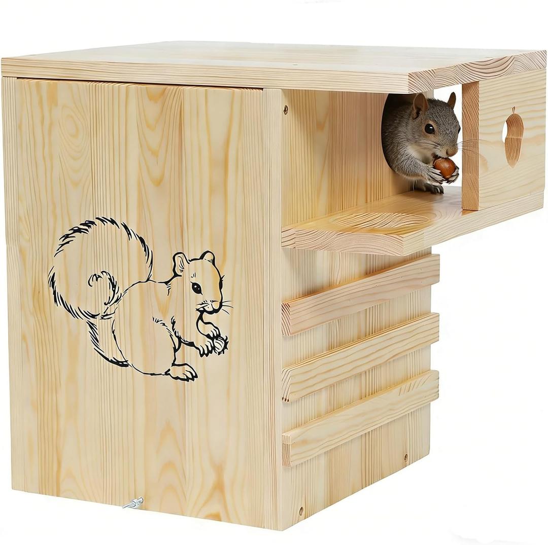 Wooden Squirrel House Outdoor, 12.6" W Large Nesting Box with External Platform for Squirrels and Chipmunks