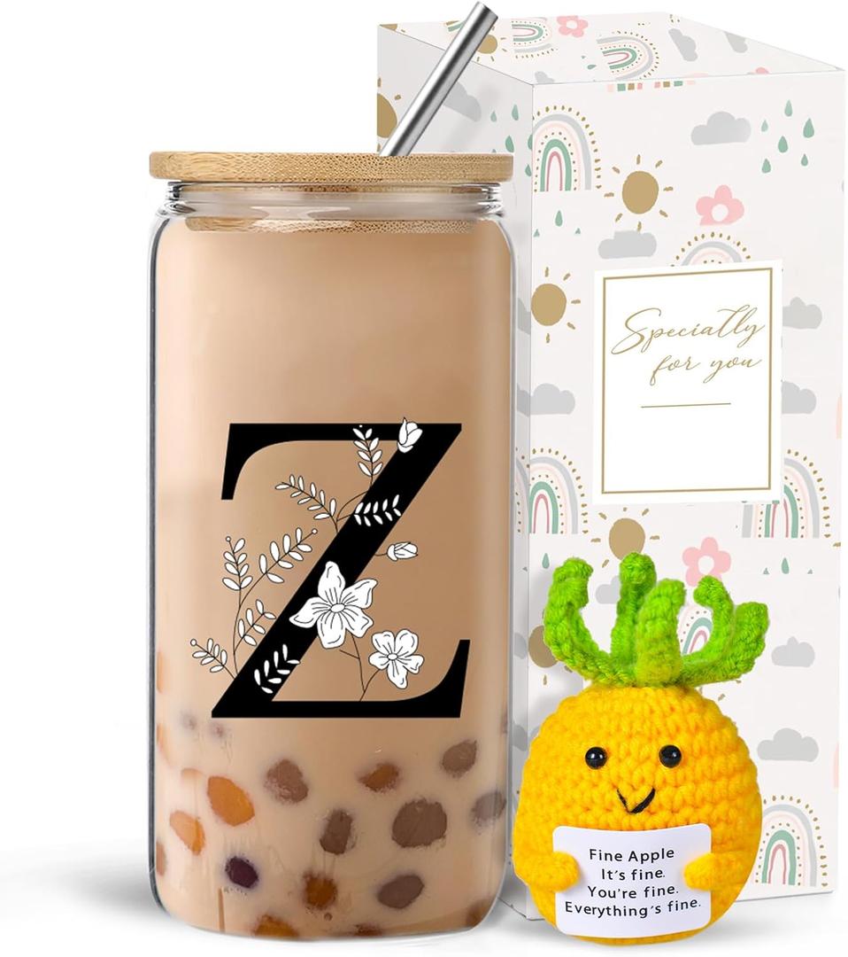 Monogrammed Initial Glass Cup with Lids and Straws, Personalized Gift Set with Doll, 16 Oz Ice Coffee Cup for Women, Birthday Christmas Mothers Day Gift for Her, Z