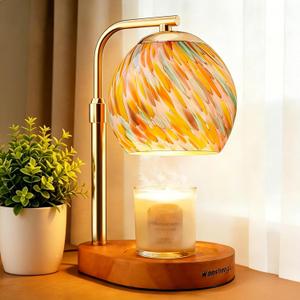Stained Glass Candle Warmer Lamp Adjustable Height, 7-Level Dimmable Brightness with 2/4/8H Timer, Candle Warmer Light with 2 Bulbs for Women Mom Scented Jar Candles - Gold