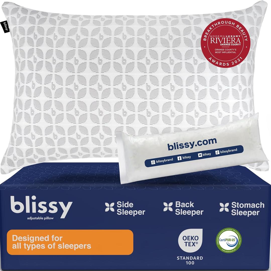 BLISSY Adjustable Memory Foam Pillow for Sleeping (Queen Size) - Cooling Gel Pillows for Side Sleepers with Shredded Foam for Customizable Loft - CertiPUR-US & Oeko-TEX
