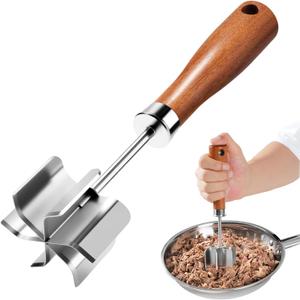 Stainless Steel Meat Chopper & Masher - Heavy Duty 6 Curve Blades Ground Beef Chopper Tool with Wooden Handle, Heat Resistant Meat Masher, Hamburger Smasher & Multi-Use Kitchen Tool