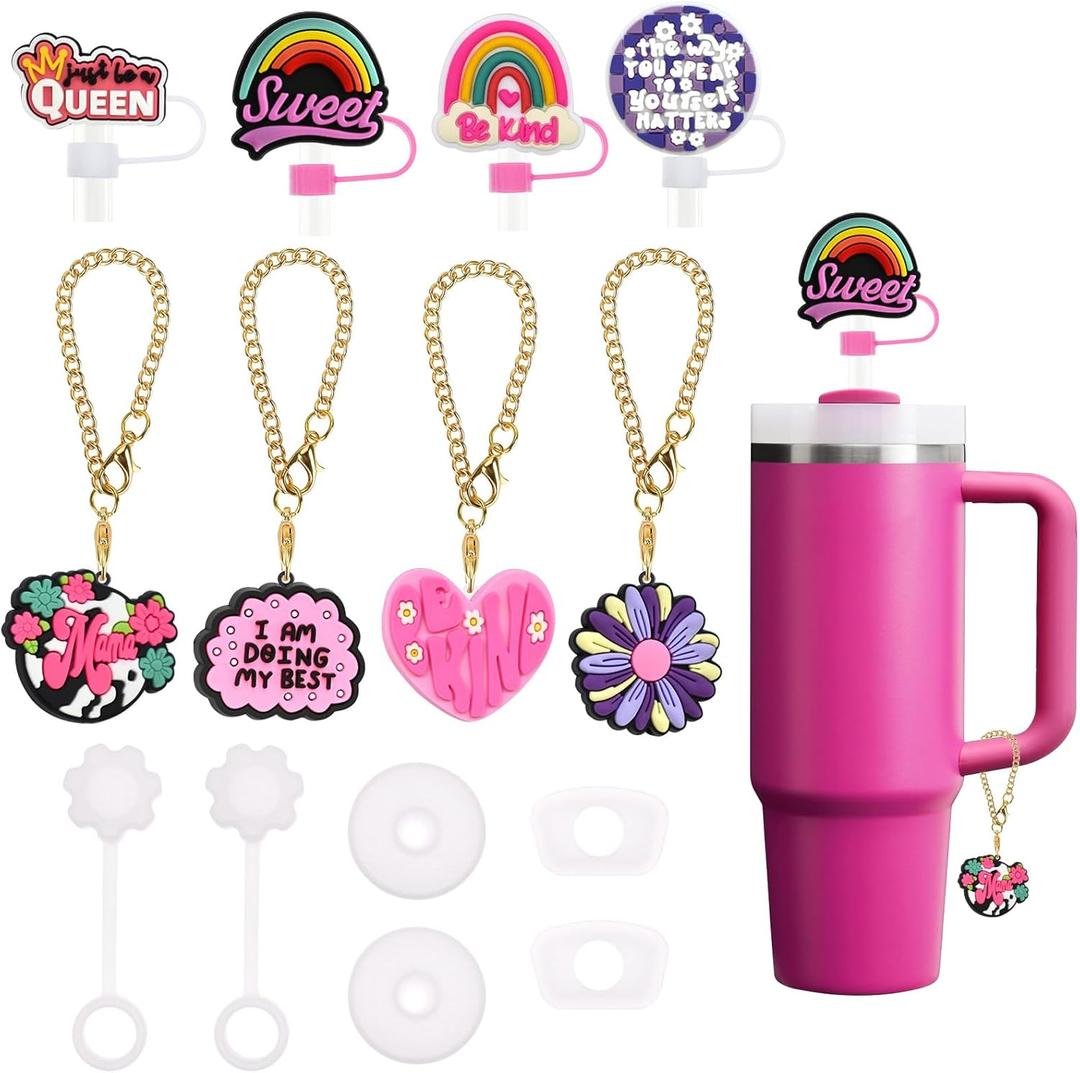 Stanley Cup Accessories Set,4 Pcs 0.4in Straw Cover,4 Pcs Handle Charms,2 Silicone Spill-Proof Stopper Set of 3 for Stanley Cup 2.0 40oz/30oz Tumbler