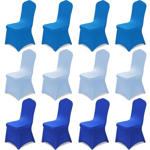 Oudain 12 Pcs Blue Folding Chair Covers Universal Spandex Chair Slipcovers Washable Removable Stretch Protector Covers for Wedding Birthday Party Decoration
