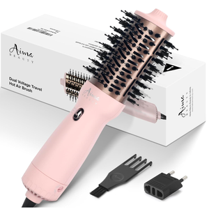 Aima Beauty 4 in 1 Worldwide Travel Hot Air Brush Dual Voltage Blowout Brush Oval Shape One Step Volumizer Straightener Blow Dryer Brush Ionic Lock Moisture Gift 360 Swivel Cord Champagne Silver
