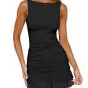 HOCILLE Women's Sexy Bodycon Boat Neck Mini Dresses Sleeveless Ruched Ruffle Hem Club Party Short Dress, X-Small, Black