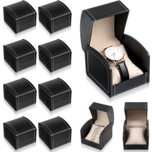 10 Packs Single Grid Watch Box with Pillow, PU Leather Gift Case for Bracelet, Jewelry Wristwatch Storage, Watches Display Holder for Men and Women, Single Watch Roll Organizer, Black