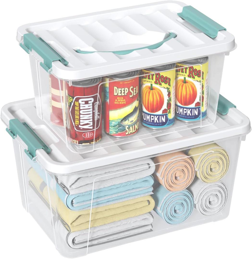 2-packs Latch Storage Boxes with Handle, 7 Quart & 14 Quart Clear plastic Container Tote