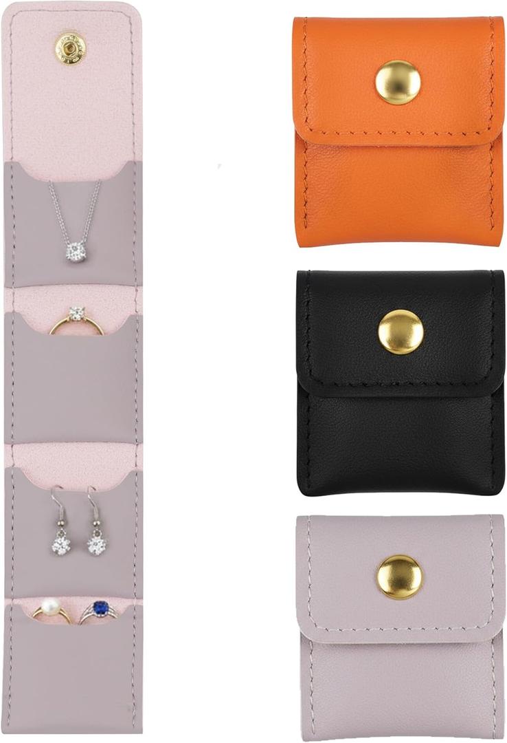 3 x Mini Travel Jewelry Bag  Foldable Jewelry Organizer, Tangle-Free Design with At-a-Glance Compartments for Necklaces, Earrings & Rings | Compact Everyday Carry | 3 Pack (Black, Orange, Lavender)