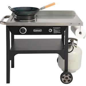 Cuisinart Outdoor Wok Station, 50,000 BTU Propane Outdoor Wok Burner with Prep Table, 14" Carbon Steel Fry Pan, Stainless Steel Side Table, Storage, Outdoor Cooking Station for Stir Fry, Searing, BBQ