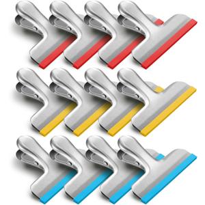 HOUSE AGAIN 12 Pack Stainless Steel Chip Bag Clips Covered with Silicone - NO More Sharp Edges - Color Coded for Food Bags - Air Tight Seal, Heavy Duty for Kitchen and Office, 3 Inches (Red,blue,yellow,silver)