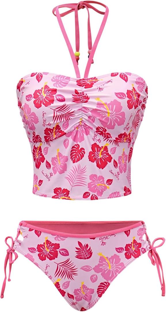 ZAFUL Cute Tankini Y2k Swimsuit for Women Trendy Side Tie 2 Piece Bikini Set Halter Ruched Bathing Suit Retro Strapless Top (Small, Pink Floral)