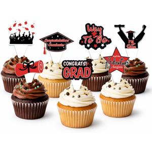 3 x 42pcs Graduation Cupcake Toppers Class of 2026 Paper Cupcake Picks Grad Cap Diploma Picks for Dessert Food Pizza Decorations (red white)