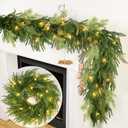Prelit & Timer - 6 Ft by 12 Inch Christmas Garland with Lights, Real Touch Norfolk Pine Garlands Cedar Garland Artificial Realistic Soft Thickness 120 Pine Cypress Tips for Mantle Table Stairs Railing