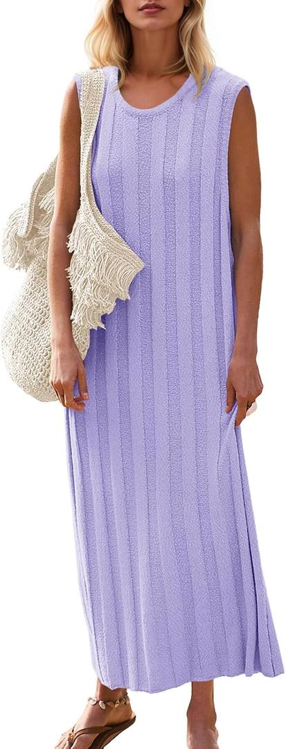 Fisoew Women Summer Sleeveless Maxi Dress Scoop Neck Ribbed Knit Tank Dress | Maternity, Sweater Dress, Cozy Fabric, Loose Fit, Long Dress, Round Neck, Going Out, Pregnancy (Purple), Small