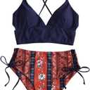 ZAFUL Women Tankini Set, Ribbed High Cut Surplice Swimsuit Bathing Suit with Spaghetti Straps (X-Large, 4-deep Blue-Boho)