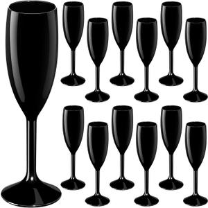 Maxcheck 12 Pcs Champagne Flutes Bulk Acrylic Toasting Drinking Flute Goblet Champagne Cups, 6 oz Plastic Glasses for Wedding Bachelorette Bridal Shower Anniversary Birthday Party (Black)