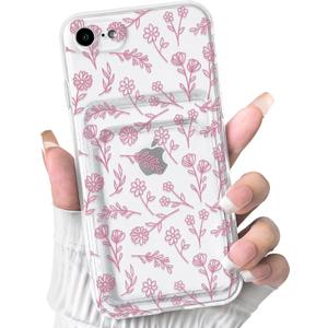 NITITOP Compatible with iPhone 7/8 / SE Case Clear with Card Holder Cute Flower Floral Leave Pattern for Women Girl Soft TPU Shock-Absorbing Wallet Case Protective Phone Cover - Pink