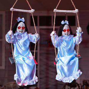 JOYIN 2 Pcs Hanging Ghosts Halloween Decorations Outdoor, 3ft Blue Swinging Creepy Sister Ghost with LED Red Light Eyes Creepy Girl Twins Doll Decor for Indoor Flying Props for Yard Patio Lawn Garden