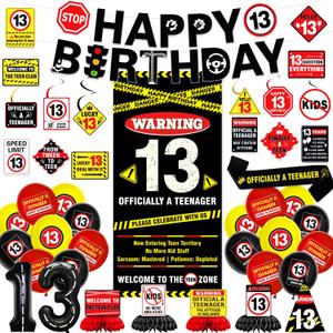 13th Birthday Decorations for Boys, Caution Happy 13th Birthday Party Supplies Decor with Backdrop, Banner, Balloons, Centerpieces, Hanging Swirls, Wall Signs, Sash, Hat