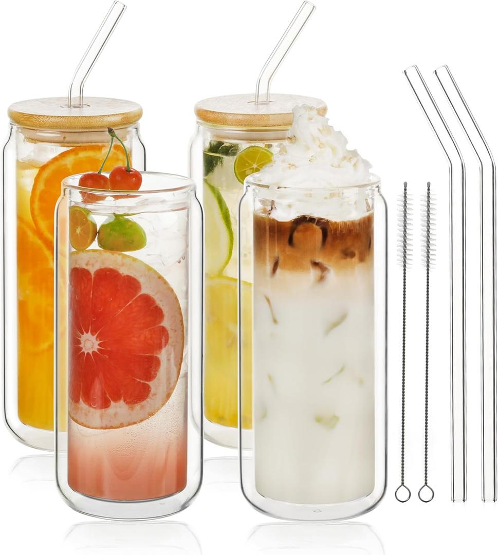 LIBWYS 16oz Double Wall Drinking Glass Cups with Bamboo Lids and Straws, 4 Pc Set  Condensation Resistant Insulated Glass Can Tumblers for Cold Drinks, Iced Coffee, Tea, Juice, Cleaning Brush