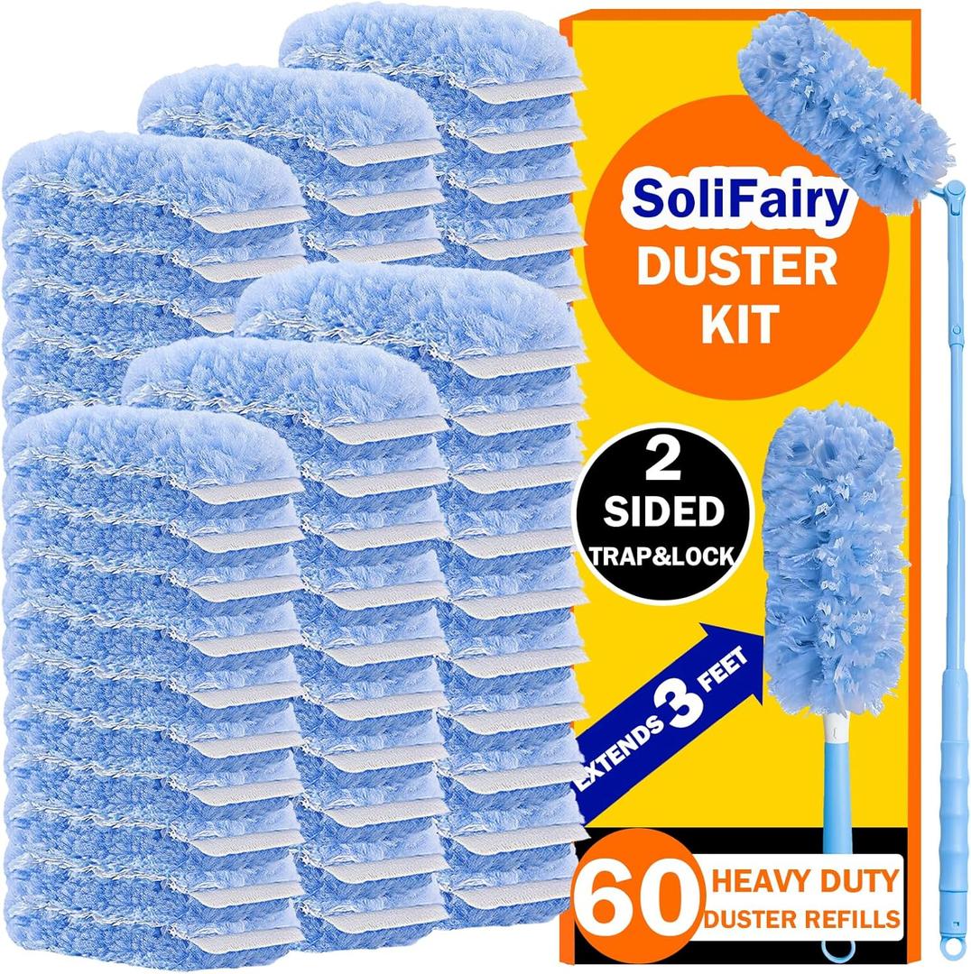 60 Heavy Duty Duster Refills for Swiffer Duster, 3 ft Extendable Handle, 1 Short Handle, Multisurface 360 Dusters kit for Dusting Furniture, Ceiling Fans, Blinds, Blue