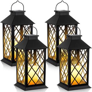 4 Pack Solar Hollow Lanterns Outdoor, Waterproof Patio Hanging Lanterns with LED Flickering Flameless Candle Lights, Decorative Solar Lantern for Porch, Garden, Patio, Yard, Table