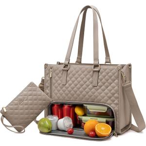 LOVEVOOK Lunch Tote Bag for Women, 15.6 Inch Laptop Bag with Insulated Lunch Compartment, Quilted Large Capacity Computer Handbag with Purse for Business, Work, Collage, Office, Casual, Clay pink