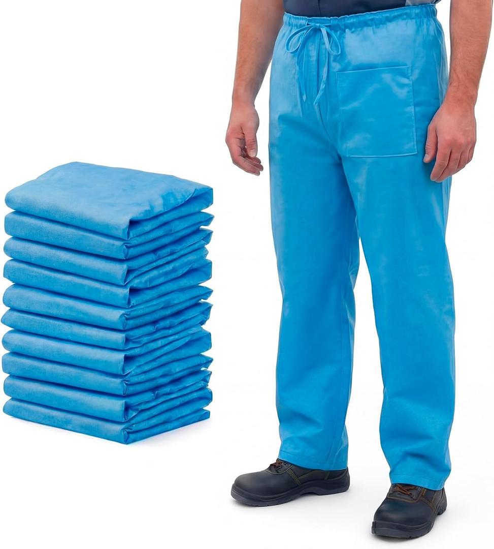 Geiserailie 10 Pcs Disposable Scrubs Pants M Size Blue Nonwoven Breathable Work Pants for Men Women, Adjustable Drawstring Tie Waist, Lightweight Protective Trousers with 2 Pockets