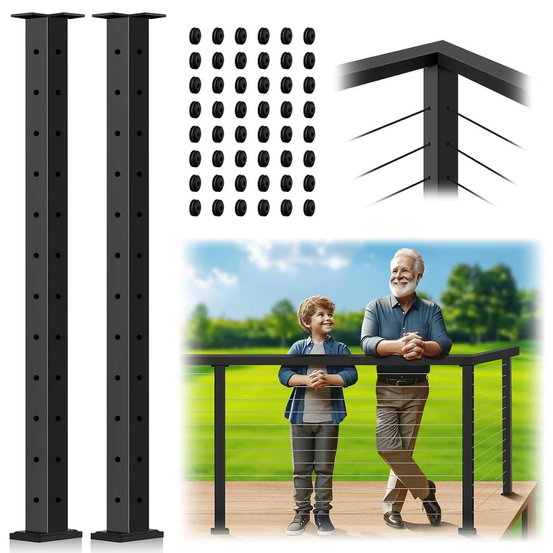 2 Pack Cable Railing Corner Post 42", 90 L-Drilled Matte Black Corner Post for Deck Railing Kit System, Stainless Steel T304 Flat Top Cable Handrail Corner Post for Indoor Outdoor Deck Balcony