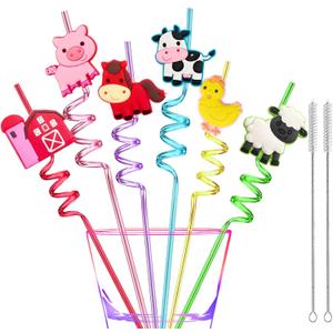 24Pcs Reusable Farm Animal Party Favors Plastic Straws-Farm Birthday Themed Party Decorations-Horse Cow Duck Sheep Pig Tractor Barnyard Farm Birthday Party Supplies-Gift Favors with 2 Cleaning Brushes