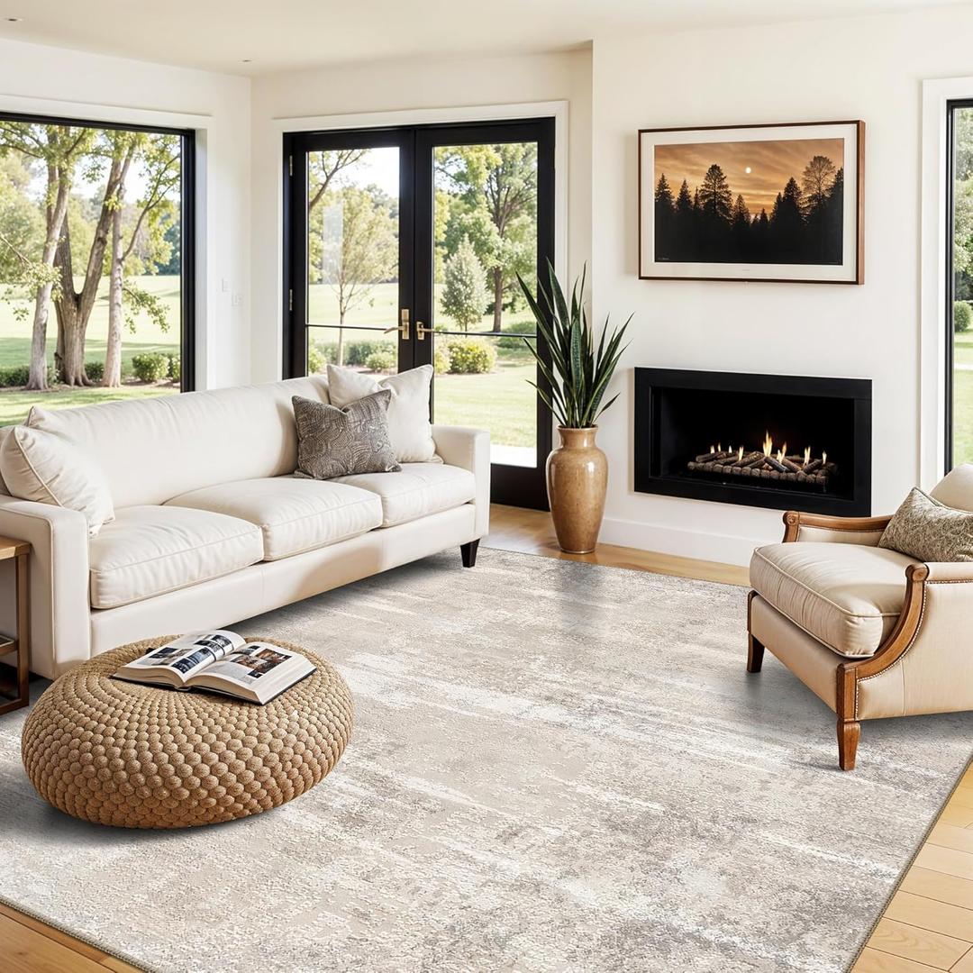 Abstract 8x8 Washable Area Rug - Large Living Room Bedroom Rugs with Non Slip Rubber Backing Indoor Low Pile Stain Resistant Carpet for Dining Room Office Soft Modern Home Decor Mat 8x8 Beige