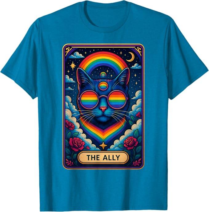 Funny Ally Cat Tarot Card Pride Sunglasses Gay Pride LGBTQ T-Shirt for Men Women M