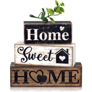 Moucuny 4 Pcs Farmhouse Wooden Tabletop Decor Farmhouse Tiered Tray Decor Rustic Eucalyptus Leaves Wood Block Sign Gift Sweet Home Centerpiece Home Table Decortion