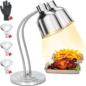 Food Heat Lamp - [Free Heat-Resistant Gloves] [3 Bulbs Included] [2-Head Adjustable], 500W Commercial Food Warmer, Catering Heating Light for Restaurants, Buffets & Kitchens - Silver