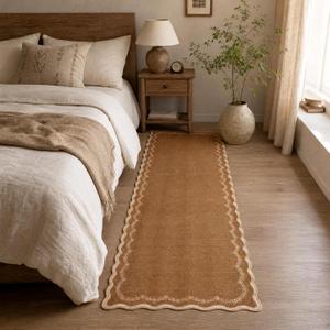 GarveeHome 2.5x8 Scalloped Washable Runner Rug for Kitchen, Soft Brown Long Hallway Runner Non Slip Entryway Rug Farmhouse Thin Laundry Mat Stain Resistant Carpet for Bathroom Beside Rug