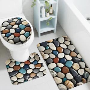 peacoblue Pebble Bathroom Rug Set, 3 Piece Bath Mats | Includes Toilet Lid Cover and Contour Mat, Non Slip Washable Bathroom Rugs for Tub Bedroom Kitchen Home Decor