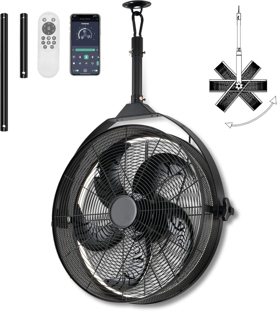 AHAWILL Outdoor Ceiling Fans with Lights for Garage,Outdoor Gazebo Fan with Remote&APP,Dimmable Plug in Ceiling Fan with Hanging Cord for Pergola,Patios,Porches,BLACK