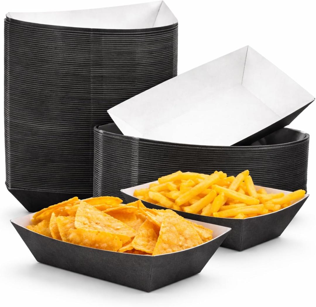 Yinkin 100 Pcs Paper Food Trays Boat 1 lb Disposable Nacho Trays Walking Taco Chip Bags Kraft Paper Boat for Weddings Picnics Carnival Birthday Party Concession Supplies(Black)