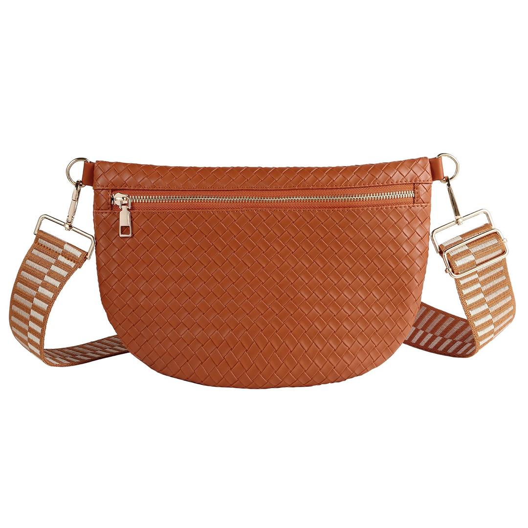 Woven Crossbody Bags for Women Leather Belt Bum Sling Purse Fanny Waist Pack Chest Shoulder Bag for Women-Brown