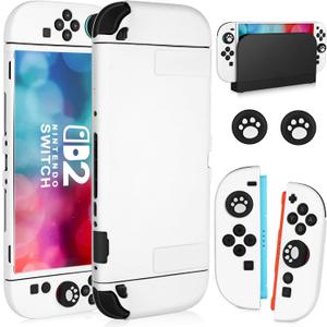 Switch 2 Case for Nintendo Switch 2 2025, Dockable Case TPU Soft Shell Protective Cover for Switch 2 Grips & Console and Accessories with 2 Pcs Thumb Caps, White