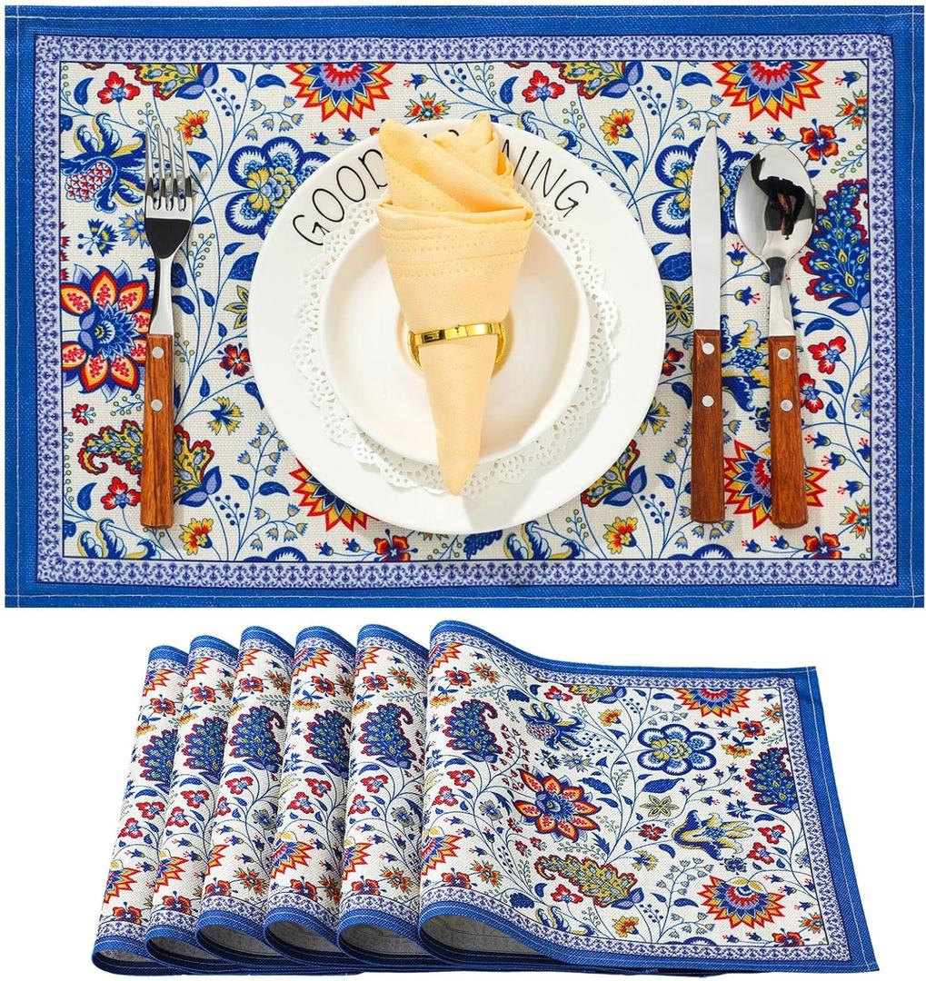Cunhill Dining Table Placemats Set of 6 Cotton Linen Cloth Non Slip Mats Washable Vintage Blue Floral Placemats for Holiday Banquet Kitchen Dinner Table Party Decorations, 18.9 x 13 Inch