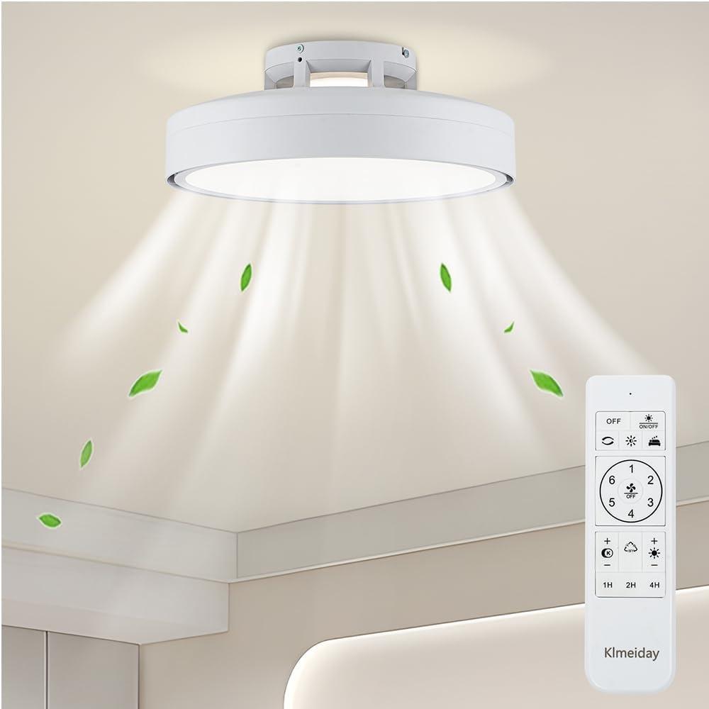 Ceiling Fans with Lights and Remote, Flush Mount Modern Bladeless Ceiling Fan with Light, 6 Speeds, Stepless dimming and CCT 3000K-6000K LED Lights for Bedroom, Study Room (White, 20.1″)