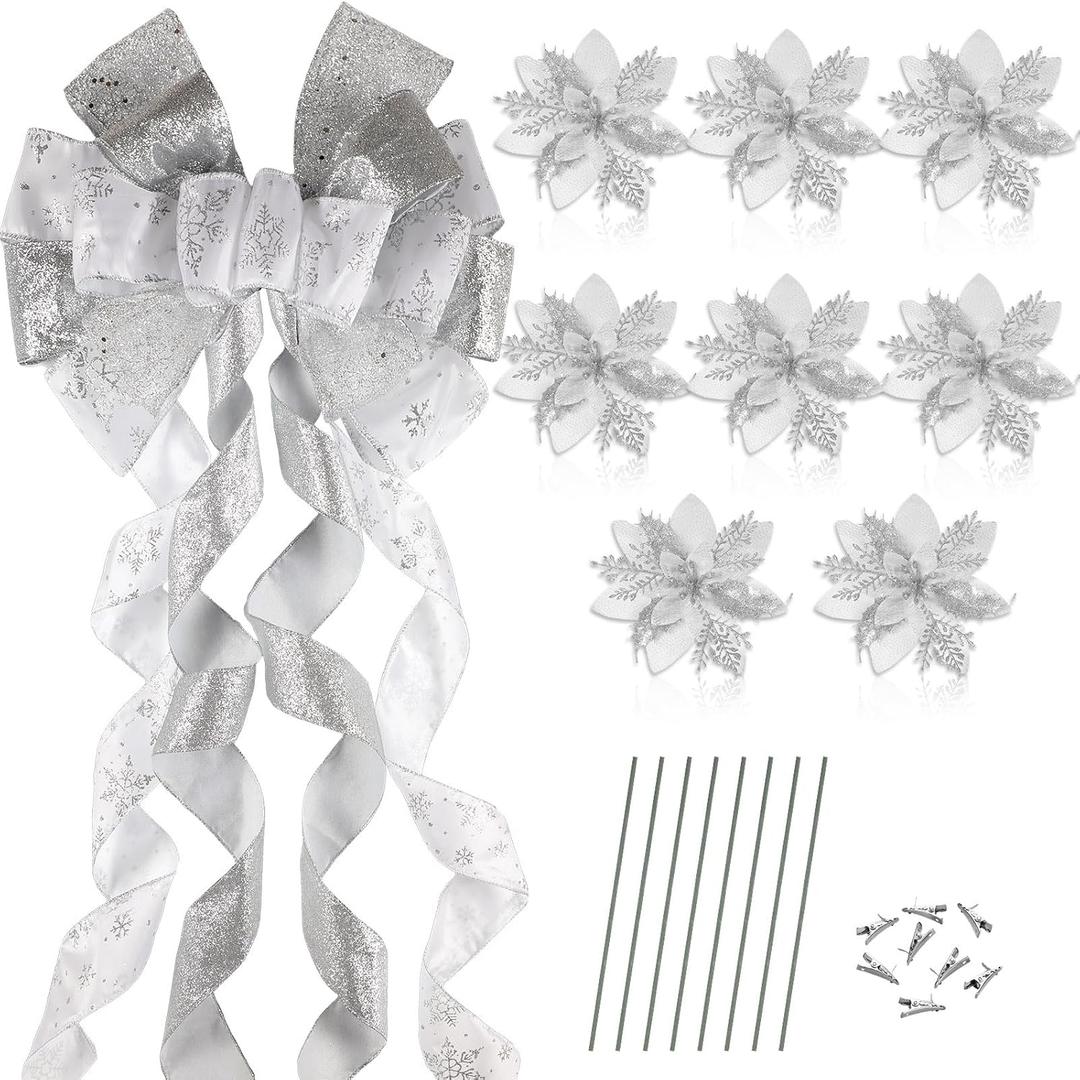 Tigeen 48 x 13 Inches Large Christmas Tree Bow Topper with 8 Pcs 5.5 Inches Attachable Poinsettia Flowers Glitter Snowflakes Burlap Tree Toper Ribbon Bow for Holiday Hanging Ornament(Silver Snowflake)