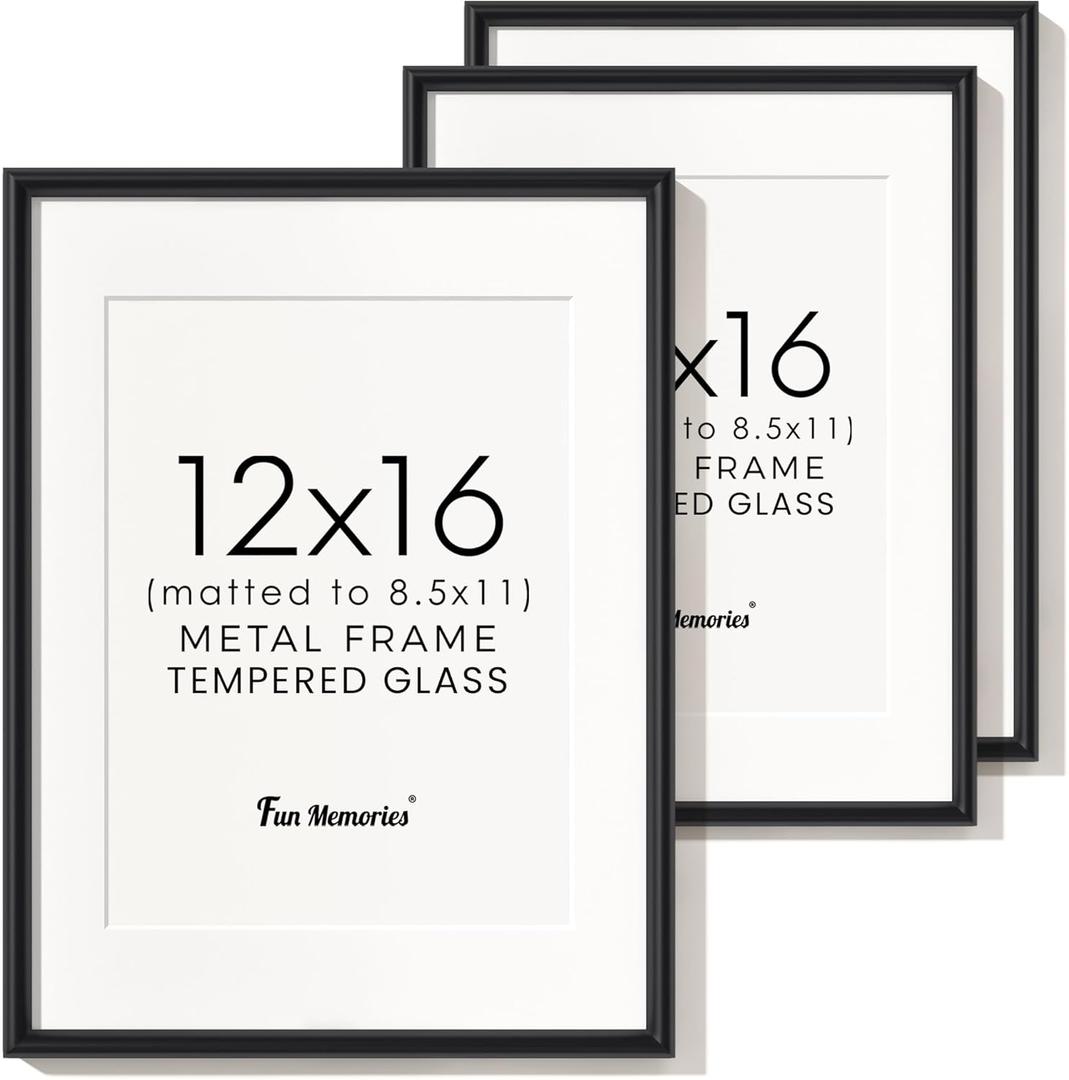 12x16 Picture Frame Black, Aluminum Picture Frames 12"x16" Set of 3, 12x16 Picture Frame with Mat for 8.5x11, 12 by 16 Frame Real Glass, 12 x 16 Metal Frame for Home Decor