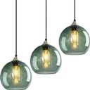 Gray Green Glass Pendant Lights Kitchen Island Lighting Globe Pendant Light Fixtures Modern Pendant Lighting for Kitchen Island Bedroom Living Dining Room Light Fixture(7.87in, 3-Pack)