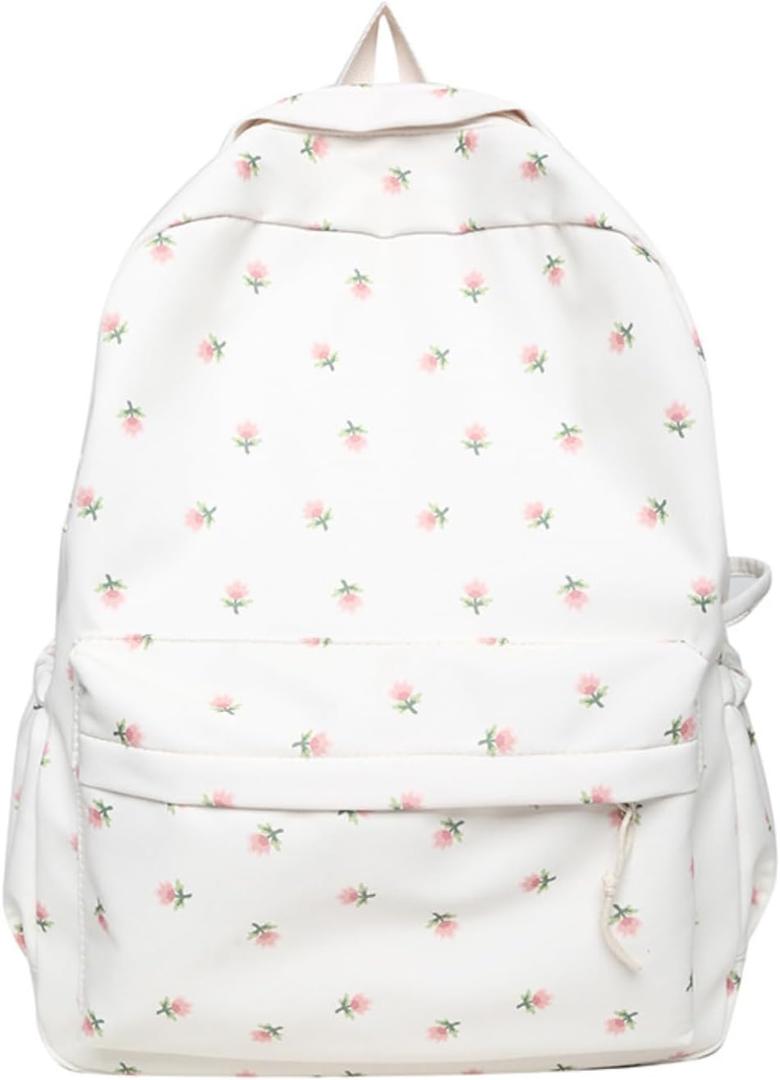 2026 Kawaii Floral Print Backpack with Pendant Preppy Backpack Cottagecore Bag Coquette Aesthetic Daypack (White,One Size)