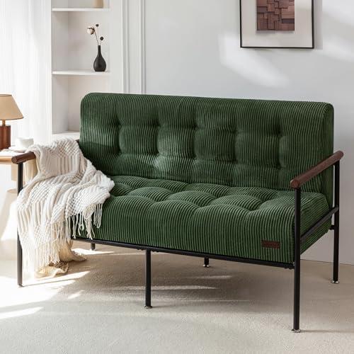 MAXYOYO Loveseat Sofa, Button Tufted Upholstered Small Couch for Living Room, Modern Love Seat Couches with Metal Frame & Wood Armrests for Bedroom Office, Easy to Install, Dark Green