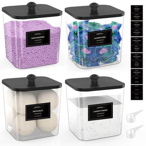 COAZEX 4 Pack Clear Laundry Pods Container, Plastic Square Laundry Room Organization and Storage Jars with Black Lids, Scoops & Labels for Detergent, Powder, Dryer Balls