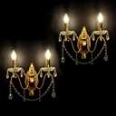French Vintage Crystal Wall Sconce, Victorian 2-Light Gold Iron Finish, E12 Traditional Candle Style Wall Lamp for Bedroom, Hallway, Living Room, Bathroom Vanity (2-Pack, 2 Light Sources)